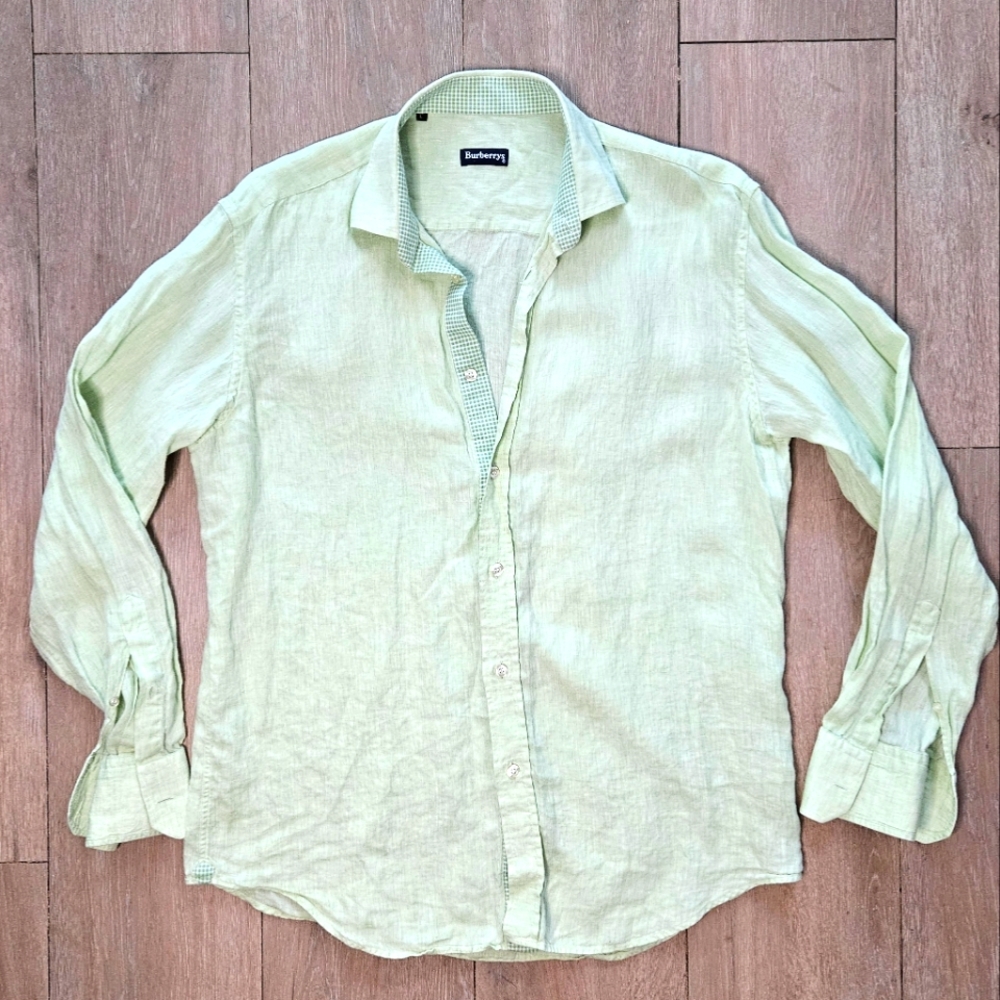 Burberry London Shirt Linen Casual Large Green Dress Shirt